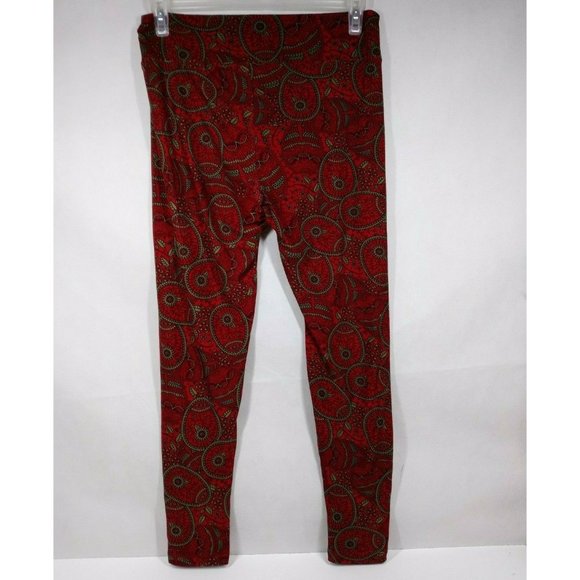 New LuLaRoe Tall & Curvy Leggings Red With Olive Green Floral Paisley Designs - Picture 3 of 6